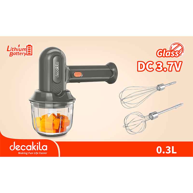 Decakila Hand Mixer 0.3L Glass Bowl 25W 3 Speeds 1500mAh Lithium Battery 2 Attachments Rechargeable KMMX019G