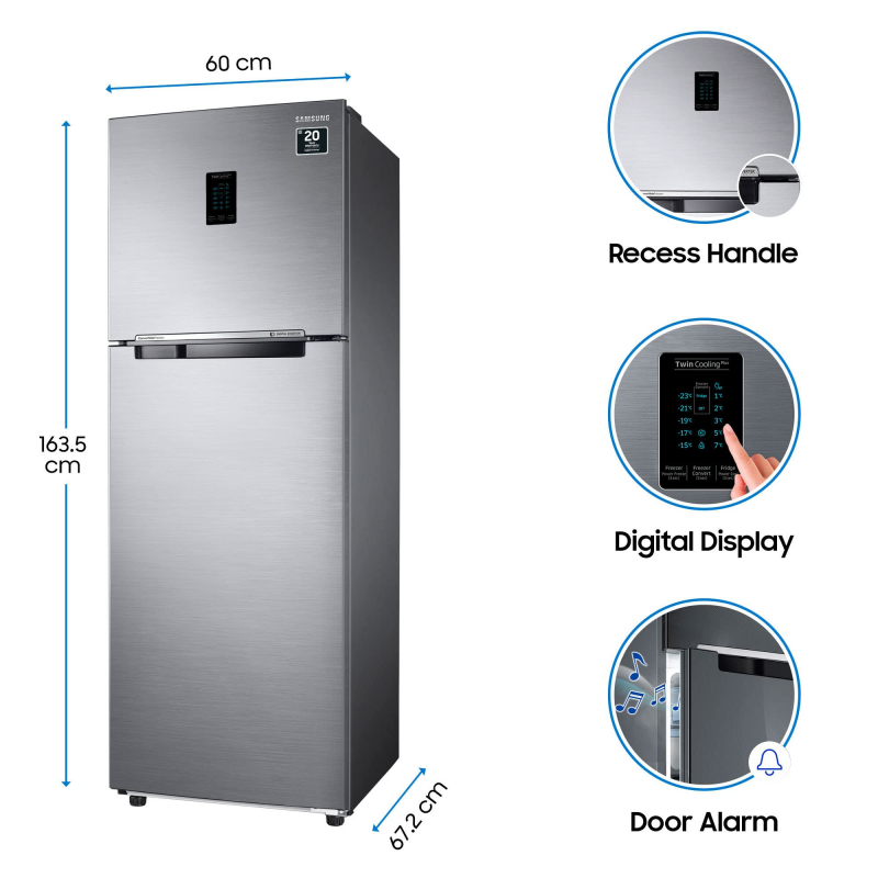 Samsung Refrigerator 345L Double Door Top Freezer, Digital Display, Door Alarm Silver Steel RT35CGS421S9UT