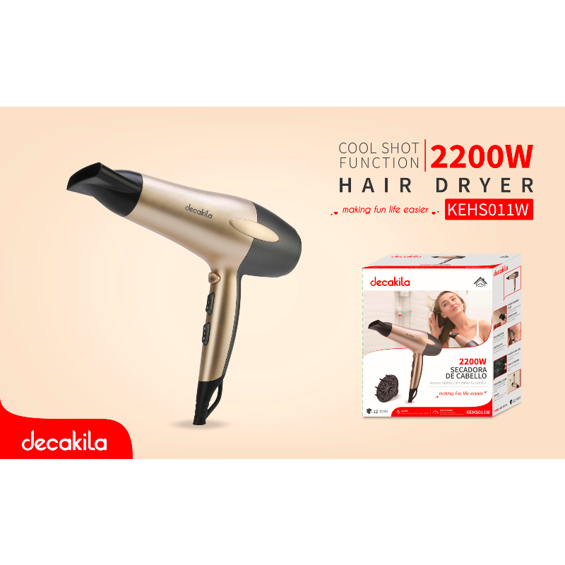 Decakila Hair Dryer 2200W DC 2 Speed 3 Heat Setting With Diffuser KEHS011W