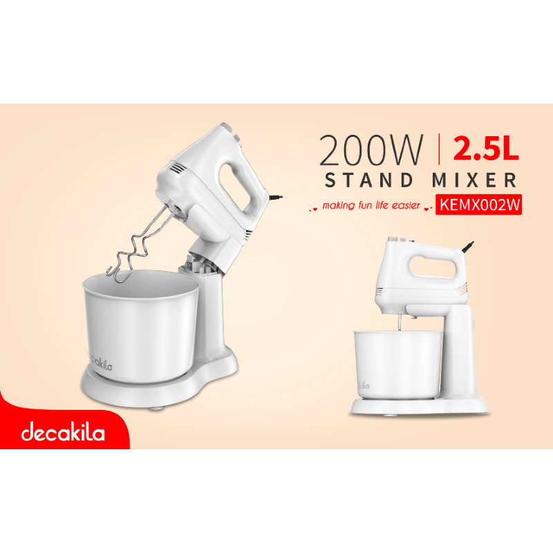 Decakila Hand Mixer with Bowl 200W 2.5L 6 Speeds + Turbo 2 Attachments KEMX002W