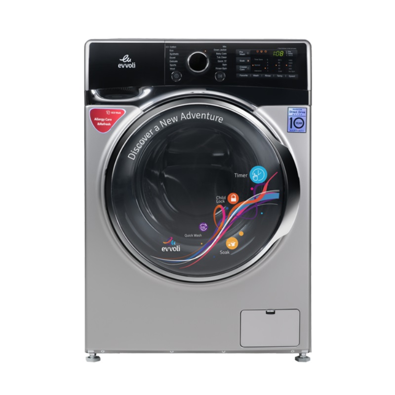 Evvoli Washing Machine 9kg Front Load with Direct Drive Silver FDDH-914S
