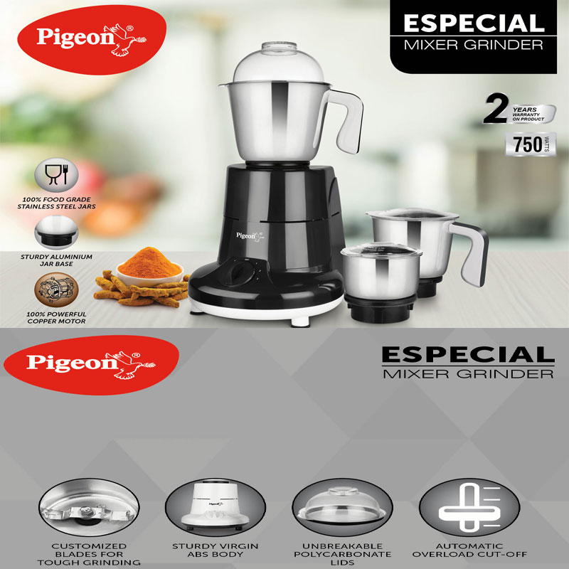 Pigeon Mixer Grinder 750W Stainless Steel Jar Copper Motor Removable Jar Compact Design 1.5L 1.0L 0.4L Jars Especial 9 Pigeon Mixer Grinder 750W Stainless Steel Jar Copper Motor Removable Jar Compact Design 1.5L 1.0L 0.4L Jars Especial