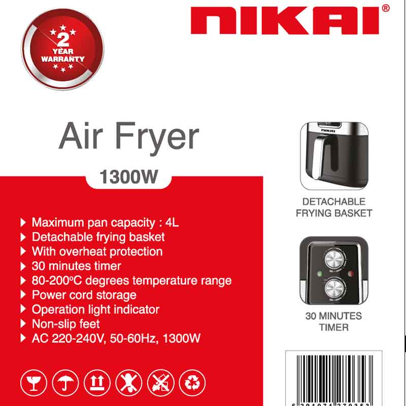 Nikai Air Fryer 3.5L 1300W 30Min Timer With Basket Low Oil Cool Touch Temperature Adjustable Low Oil Fryer Healthy Fryer Naf788A-2 4 Nikai Air Fryer 3.5L 1300W 30Min Timer With Basket Low Oil Cool Touch Temperature Adjustable Low Oil Fryer Healthy Fryer Naf788A-2