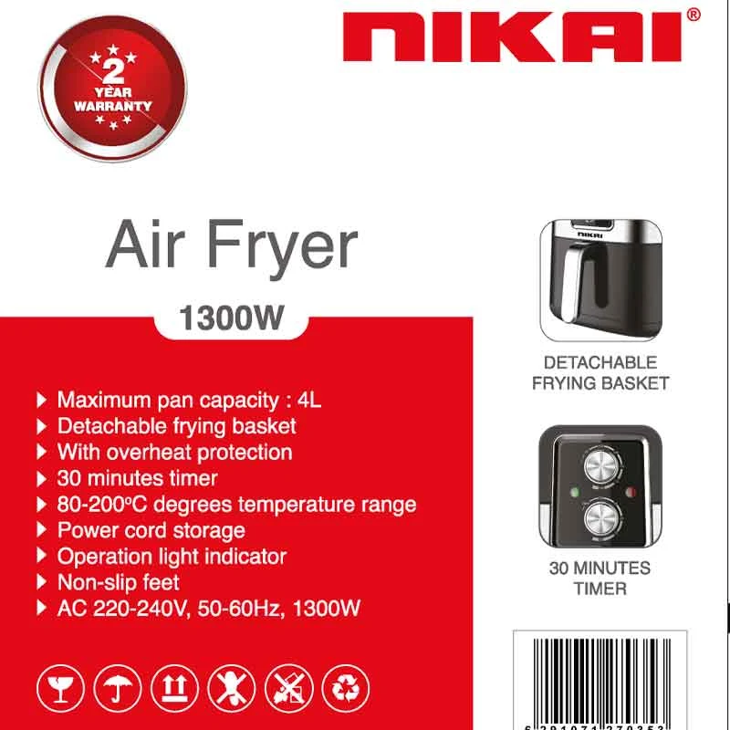 Nikai Air Fryer 3.5L 1300W 30Min Timer With Basket Low Oil Cool Touch Temperature Adjustable Low Oil Fryer Healthy Fryer Naf788A-2 4 Nikai Air Fryer 3.5L 1300W 30Min Timer With Basket Low Oil Cool Touch Temperature Adjustable Low Oil Fryer Healthy Fryer Naf788A-2