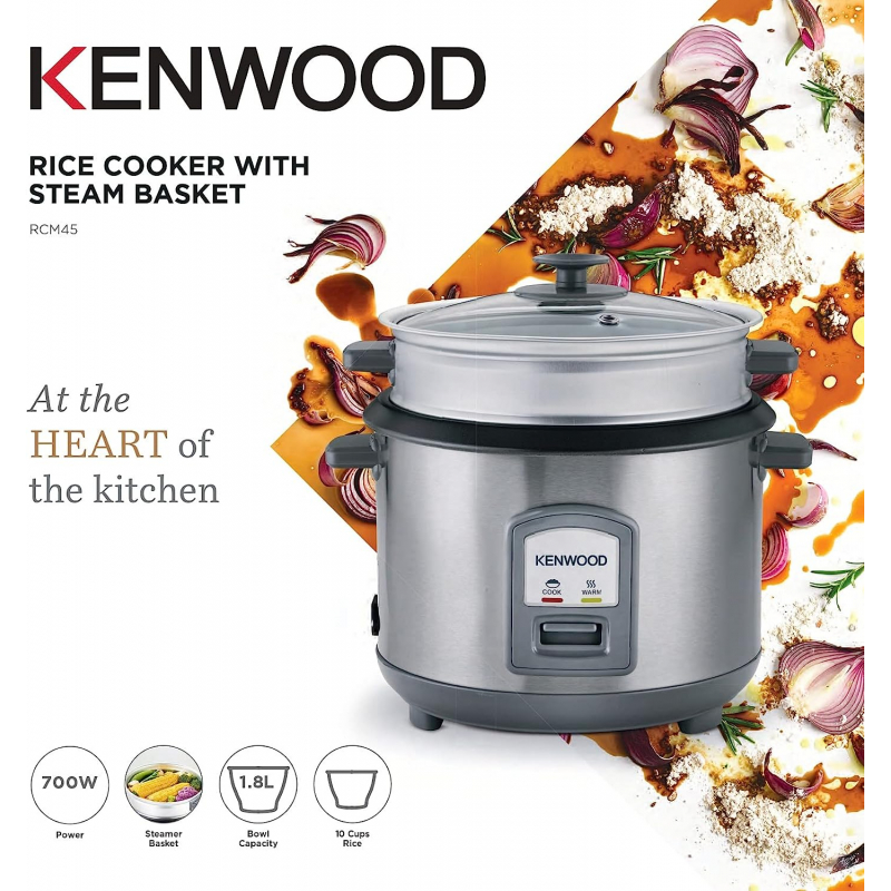 Kenwood 2-In-1 Rice Cooker 1.8L 10-Cups Rice With Food Steamer Basket Non-Stick Cooking Pot Temepered Glass Lid Warm/Cook Lights Spatula Holder Detachable Cord Rcm45.000Ss 9 Kenwood 2-In-1 Rice Cooker 1.8L 10-Cups Rice With Food Steamer Basket Non-Stick Cooking Pot Temepered Glass Lid Warm/Cook Lights Spatula Holder Detachable Cord Rcm45.000Ss