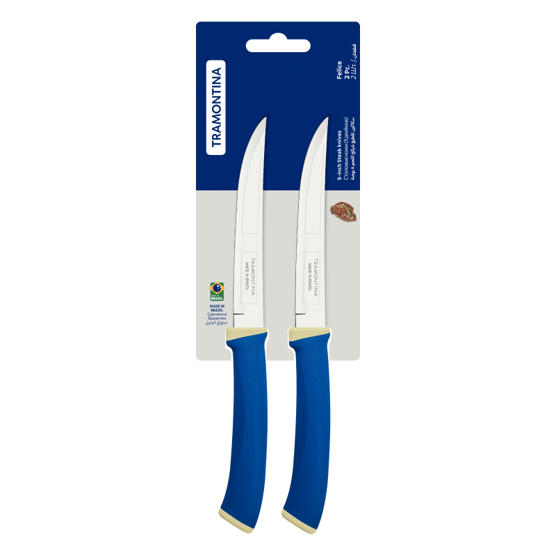 Tramontina Felice Barbecue Knife 5'' Stainless Steel Blades, Smooth Edge And Blue Polypropylene Handles 2Pc Set 23493/215 1 Tramontina Felice Barbecue Knife 5'' Stainless Steel Blades, Smooth Edge And Blue Polypropylene Handles 2Pc Set 23493/215