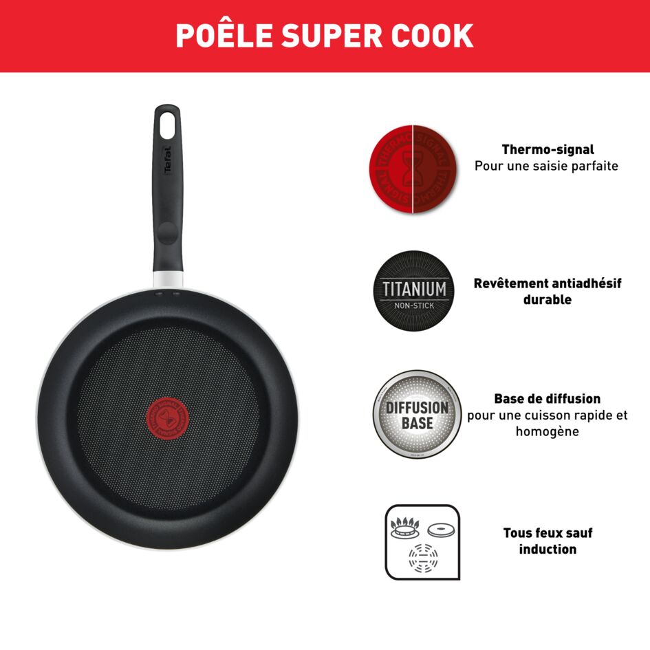 Tefal Super Cook Frypan 24cm Non Stick Thermo Signal 100% Safe Frying Pan Black Aluminium B4590484