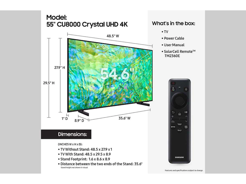 Samsung 55" LED UHD Smart TV with Dynamic Crystal Color, Crystal Processor 4K, Air Slim Design 55CU8000
