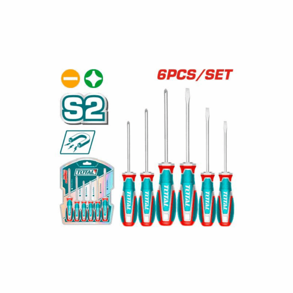 Total Screwdriver Set with S2 Blade, Strong Magnetic Pull, Ergonomic Handle TKSDS0626 (Set of 6pcs)