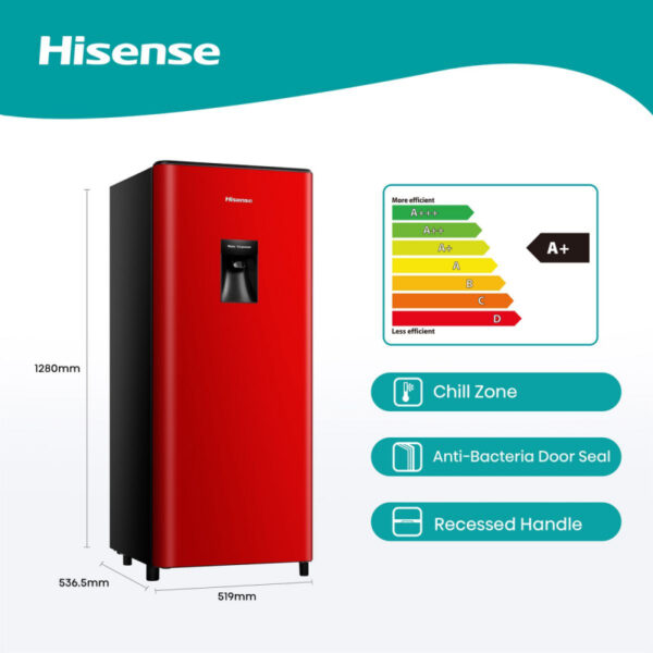 Hisense Refrigerator 177L Single Door, Water Dispenser, Chiller Zone, Anti Bacteria Door Seal, Recessed Handle, Red H235RRE-WD
