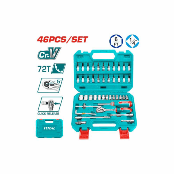 Total Socket Set 1/4" with Three Colour Soft Handle, Chromed Plated, Heat Treated THT141462 (Set of 46pcs)