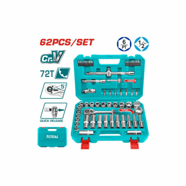 Total Socket Set 1/2" with Three Colour Soft Handle, Chromed Plated, Heat Treated THT121602 (Set of 62pcs)