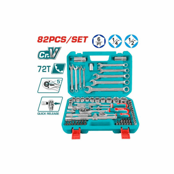Total Socket Set 1/4" & 1/2" with Three Colour Soft Handle, Chromed Plated, Heat Treated THT421802 (Set of 82pcs)