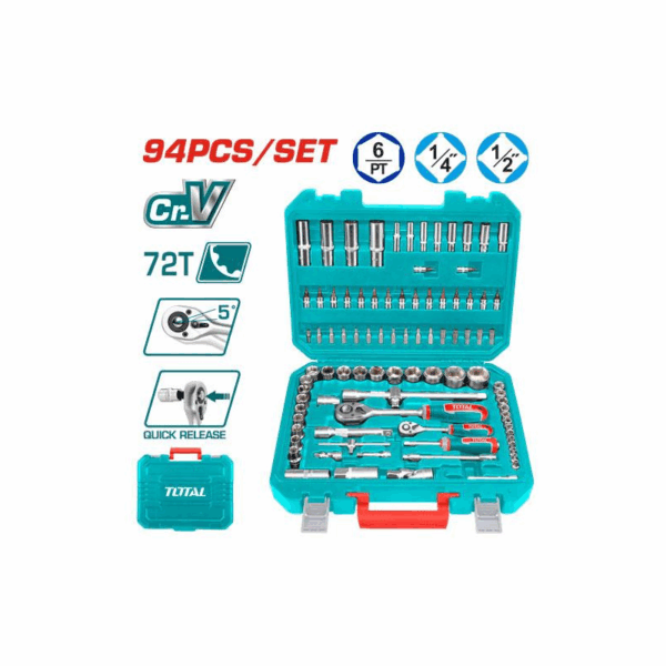 Total Socket Set 1/4" & 1/2" with Three Colour Soft Handle, Chromed Plated, Heat Treated THT421942 (Set of 94pcs)