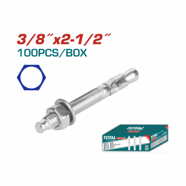 Total Galvanized Wedge Anchor 3/8"x2-1/2" Carbon Steel, Zinc Plated Finish THWWA382121 (Set of 100pcs)