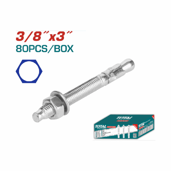 Total Galvanized Wedge Anchor 3/8"x3" Carbon Steel, Zinc Plated Finish THWWA3831 (Set of 80pcs)