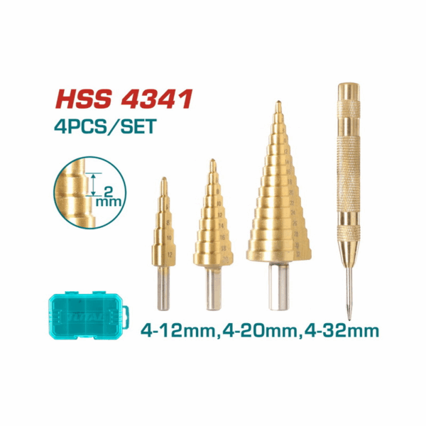 Total Step Drill Bit Set with Automatic Center Punch TACSD2041 (Set of 4pcs)