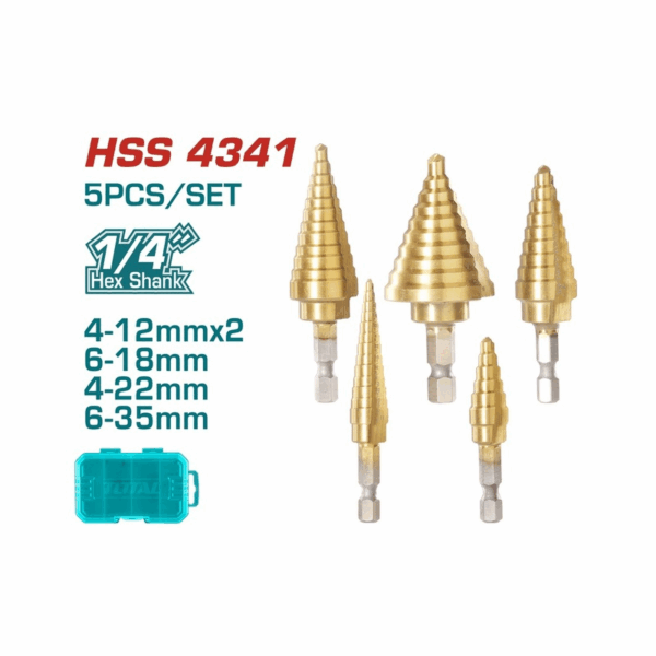 Total Step Drill Bit Set 1/4" Hex Shank TACSD2051 (Set of 5pcs)