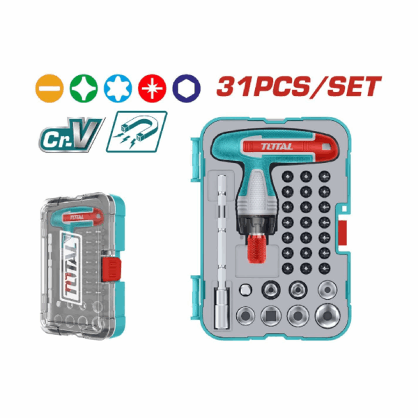 Total Screwdriver Bit Set with T-Handle Wrench TACSD30316 (Set of 31pcs)