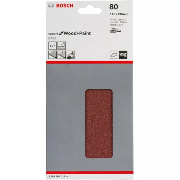 Bosch Sanding Sheets for Orbital Sanders 115 x 230 mm (Pack of 10Pcs) 2608605317