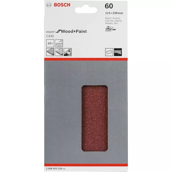 Bosch Sander Sheets for Wood, Velcro Type, 14 Hole, 115mm x 230mm, P60 Grit, Blue, (Pack of 10Pcs) 2608605316