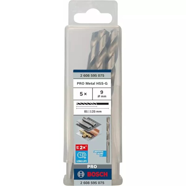 Bosch Metal Drill Bits HSS‐G DIN 338‐ 9mm X 81 X 125mm 2608595075  (Pack of 5Pcs)