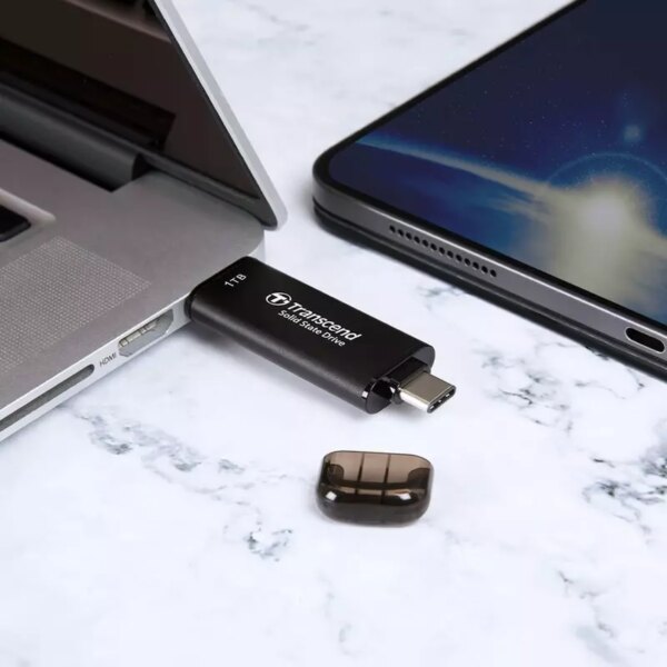 Transcend 512GB Portable External SSD - USB 3.2 Gen 2, Up to 1050 MB/s Transfer Speeds, Compatible with iPhone, iPad, Android, and Car Audio Systems, Includes 2-in-1 Type-C and Type-A Cables, Black, TS512GESD310C.