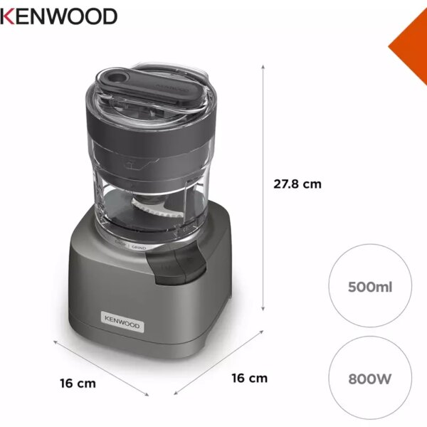Kenwood Chopper and Grinder 2 in 1 500ml Plastic Bowl 800w Chp80.000si Powerful Metal Grinder and Electric Chopper with Eversharp Quadblades, Dripper Pro, Spatula for Wet Chopping & Dry Grinding
