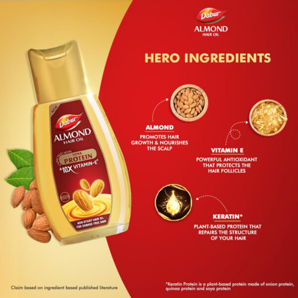 Dabur Almond Hair Oil Damage Protection, Non Sticky Formula with Almonds, Soya Protein & Vitamin E, For Soft & Shiny Hair, 200ml (Set of 6)