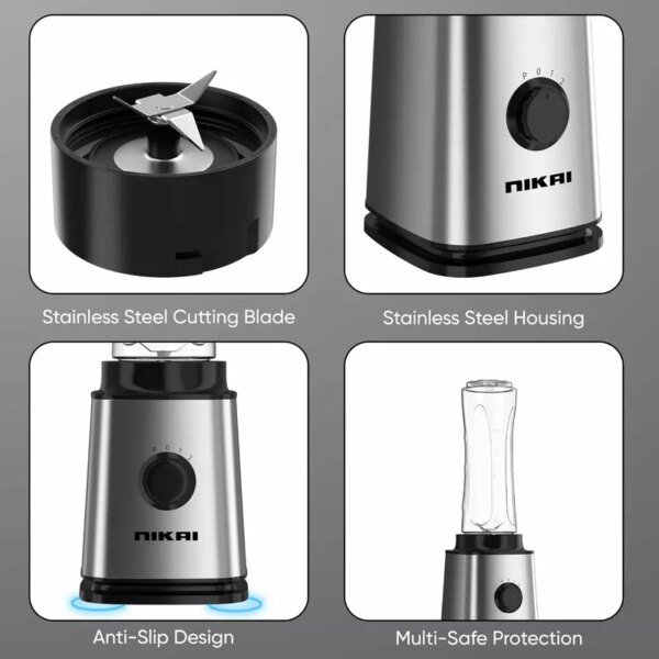 Nikai Blender Smoothie Maker with 600ml Tritan Bottle and 400ML Tritan Bottle 300W NB202ST 4 Stainless Steel Blades And Housing Tritan Drinking Bottle With Lid 2 Speed With Pulse
