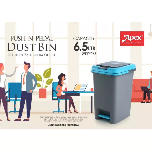 Apex Push and Pedal Dustbin 6.5l Capacity Plastic Lightweight Unbreakable 450445