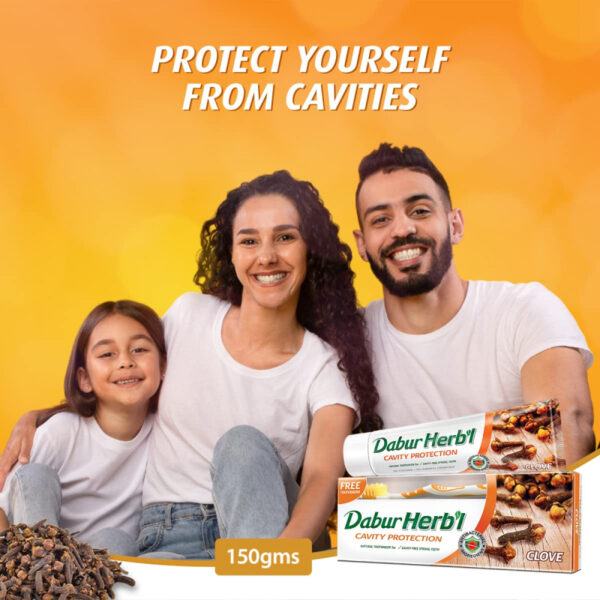 Dabur Herbal Toothpaste 150g with Brush Clove Natural Toothpaste for Cavity Protection‎, No Added Chemicals (Set of 6)