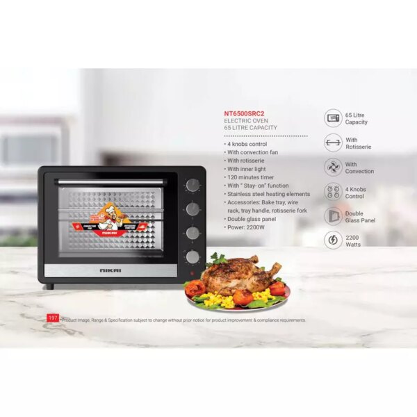 Nikai Oven Electric 65l with Rosting Fuction 4 Knobs Control 2200w NT6500SRC2 120 Mins Timer Convection Function Stainless Steel Heating Elements Inner Light Double Glass Panel