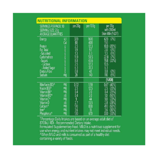 Nestle Milo Chocolate Milk Powder Active-Go, Low GI, Source of Protein, 8 Vitamins & Minerals, 200g Tin