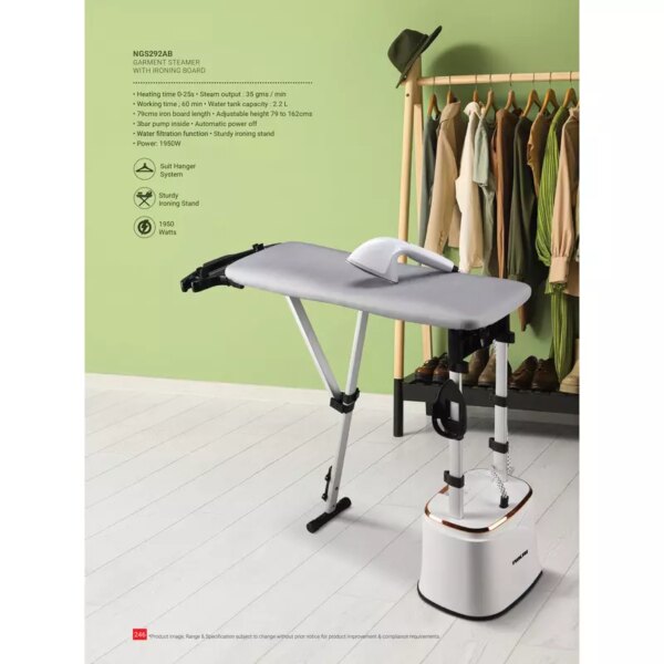 Nikai Garment Steamer 2.2L Tank Suit Hanger 1950W NGS292AB Water Filtration Function 3 Bar Pump Inside 79Cm Iron Board Length Automatic Power Off