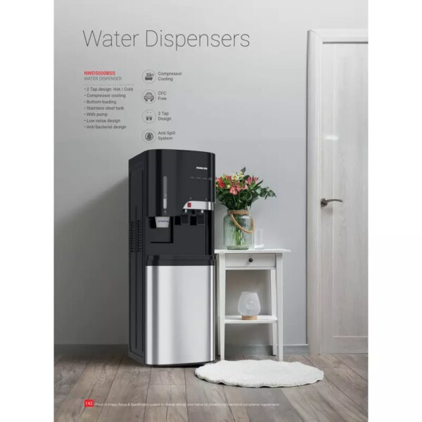 Nikai Water Dispenser 2 Taps Bottom Load with Cup Holder NWD5000BSS 2 Taps Hot And Cold Compressor Cooling Steel Tank Anti Bacterial Design