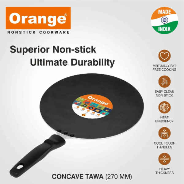 Orange Non-Stick Concave Tawa 27cm 3.2mm with Sturdy Handle ONSC049