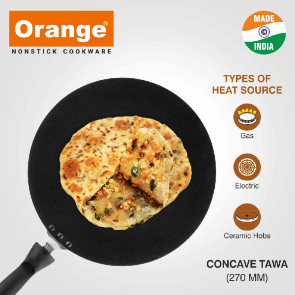 Orange Non-Stick Concave Tawa 29cm 2.6mm with Sturdy Handle ONSC007