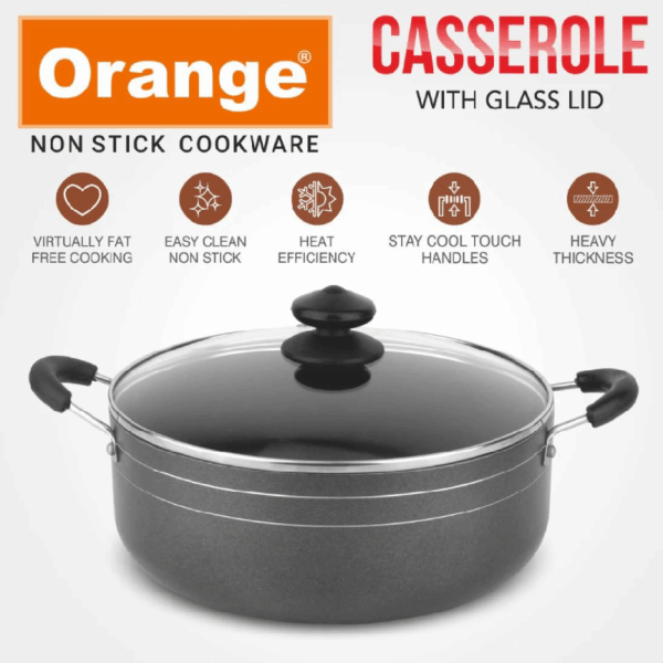 Orange Cook & Serve Non-Stick Casserole 18cm 1.7L with Glass Lid ONSC033