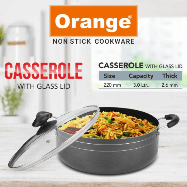 Orange Cook & Serve Non-Stick Casserole 22cm 3L with Glass Lid ONSC035