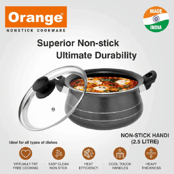 Orange No15 Non-Stick Handi 3.7L 220mm with Glass Lid, Sturdy Handles ONSC042