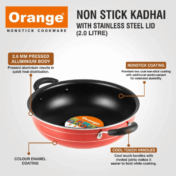 Orange Non-Stick Deep Kadai 3.5L with Stainless Steel Lid ONSC015
