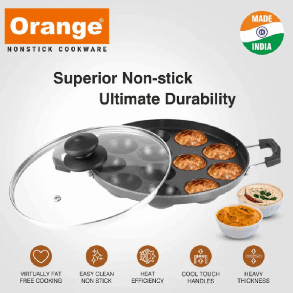 Orange Round Appam Vitumbua Kadai, Non-Stick with Glass Lid, 12 Cavity Grill ONSC076