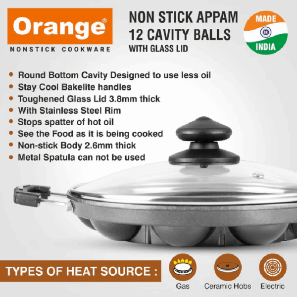 Orange Round Appam Vitumbua Kadai, Non-Stick with Glass Lid, 12 Cavity Grill ONSC076
