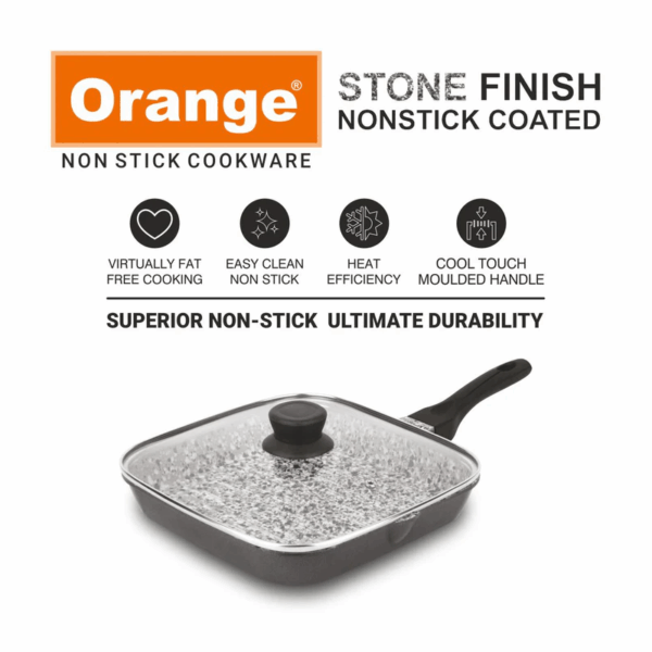 Orange Grill Pan Stone Finish 24cm Non-Stick with Glass Lid, 5 Layer Coating ONSC397