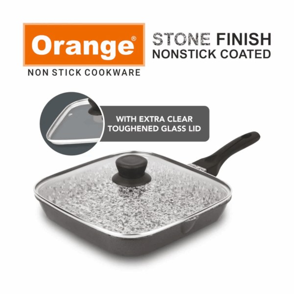 Orange Grill Pan Stone Finish 24cm Non-Stick with Glass Lid, 5 Layer Coating ONSC397
