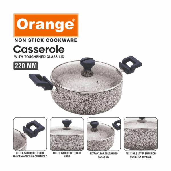 Orange Casserole Stone Finish Nonstick 24cm with Toughened Glass Lid Rockstar Series ONSC403