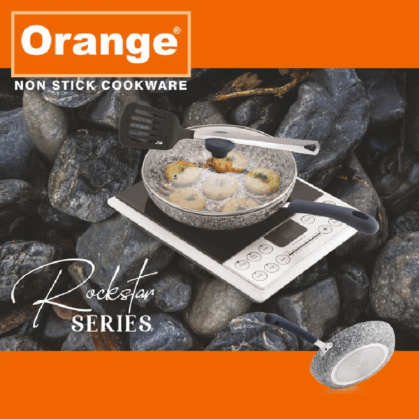 Orange Non-Stick Fry Pan Stone Finish 26cm with Glass Lid Rockstar Series ONSC536