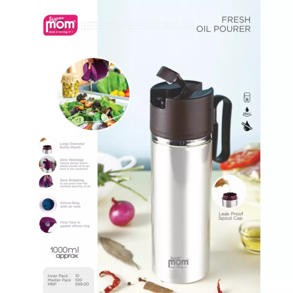 Supermom Fresh Oil Pourer 1000ml Stainless Steel Body Leak Proof Spout Cap 573867
