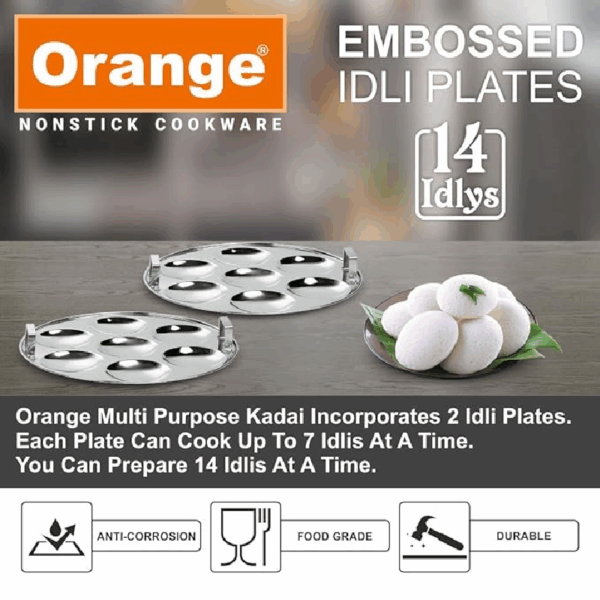 Orange All in One Multi Kadai with Idli, Dhokla & Patra Steamer Plates OHAC128